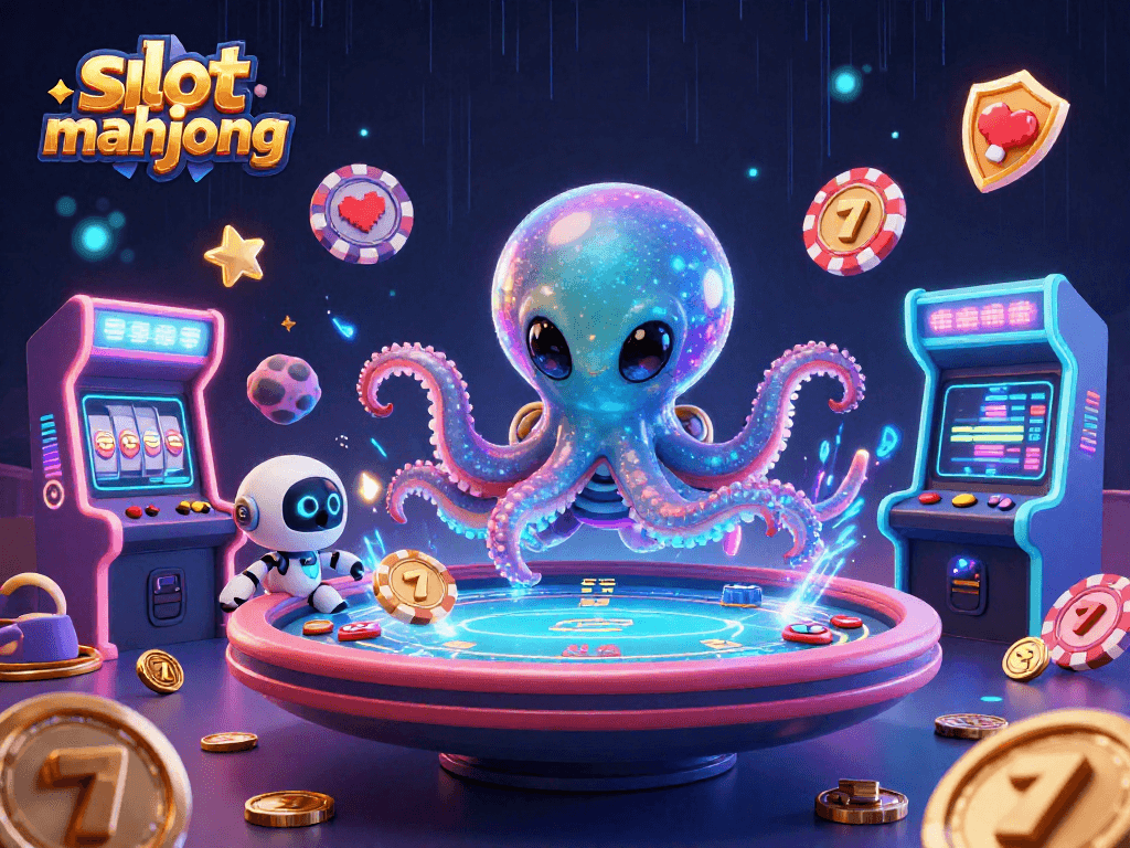 Slot mahjong dengan karakter kartun alien dan robot di meja poker holografik yang dinamis.