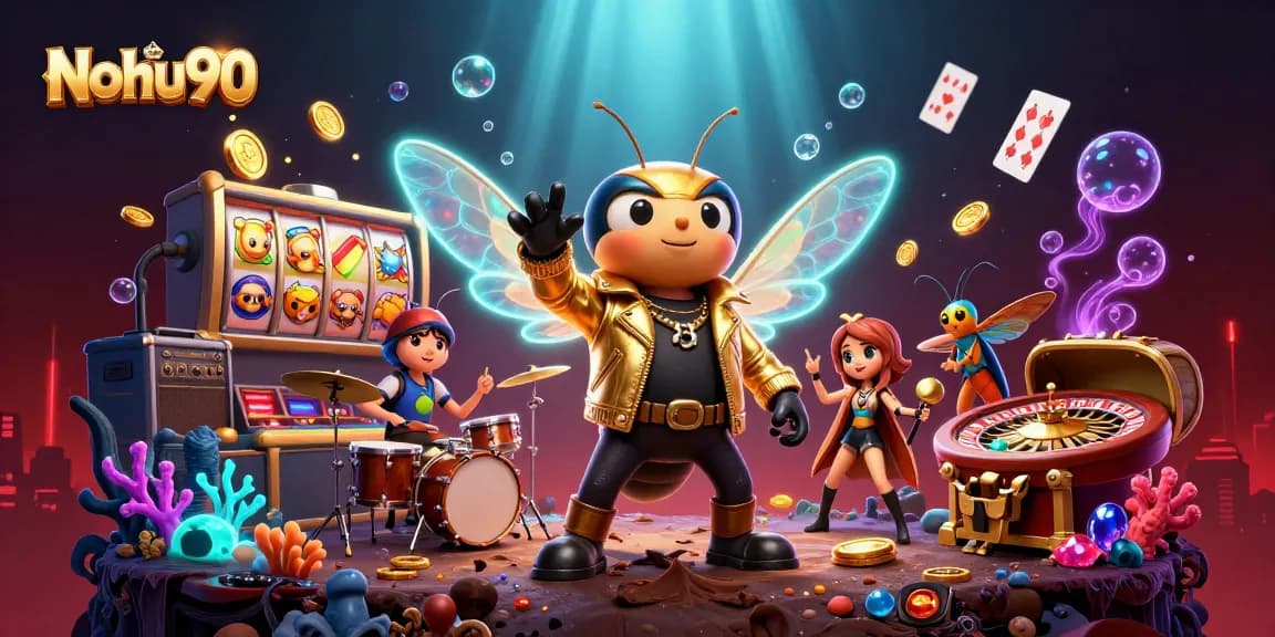 Nohu90 casino illustration featuring a cicada rock star and vibrant playing elements in a dynamic slot setting.