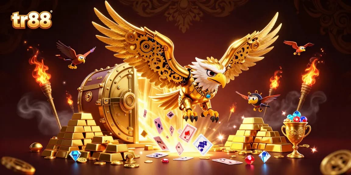 Experience thrilling wins at tr88 with vibrant 3D eagle imagery diving through holographic cards and gold treasures.