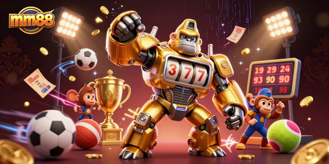 Experience mm88 slots and sports betting excitement with this vibrant 3D illustration.