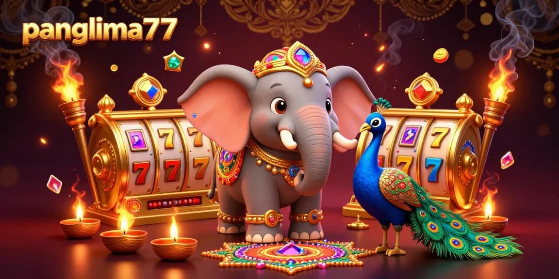 Spin and win big with panglima77's vibrant casino scene featuring a Diwali-themed elephant and peacock.