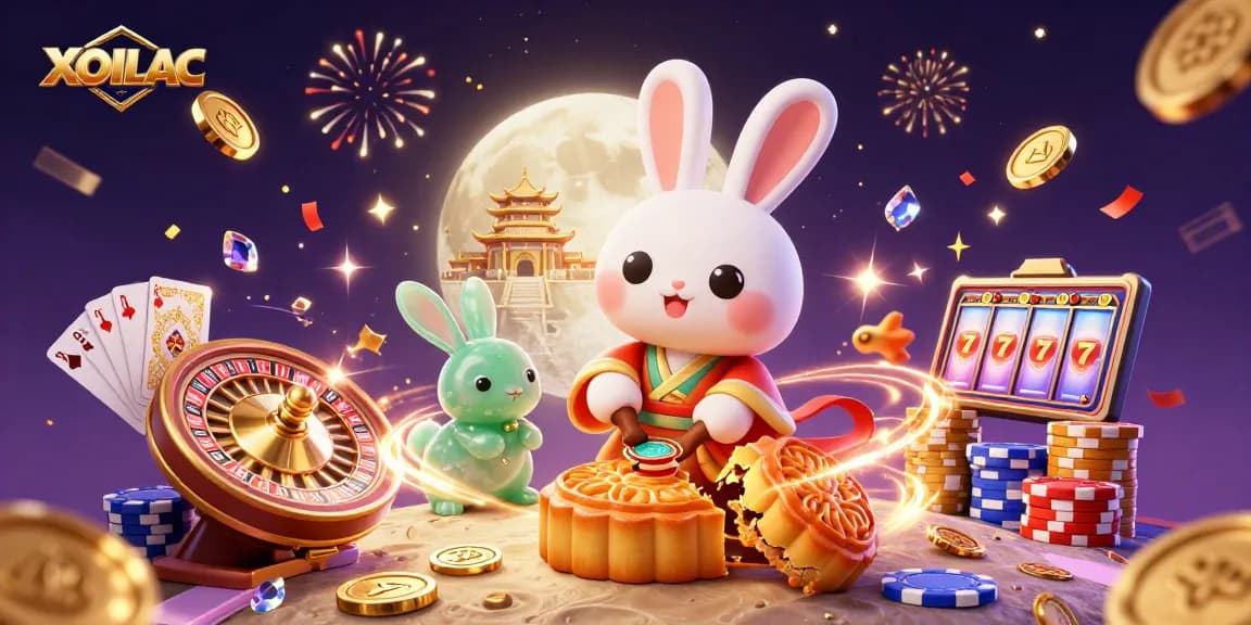 XOILAC invites players to revel in a dazzling 3D illustration of a moon rabbit celebrating with poker chips and casino elements.