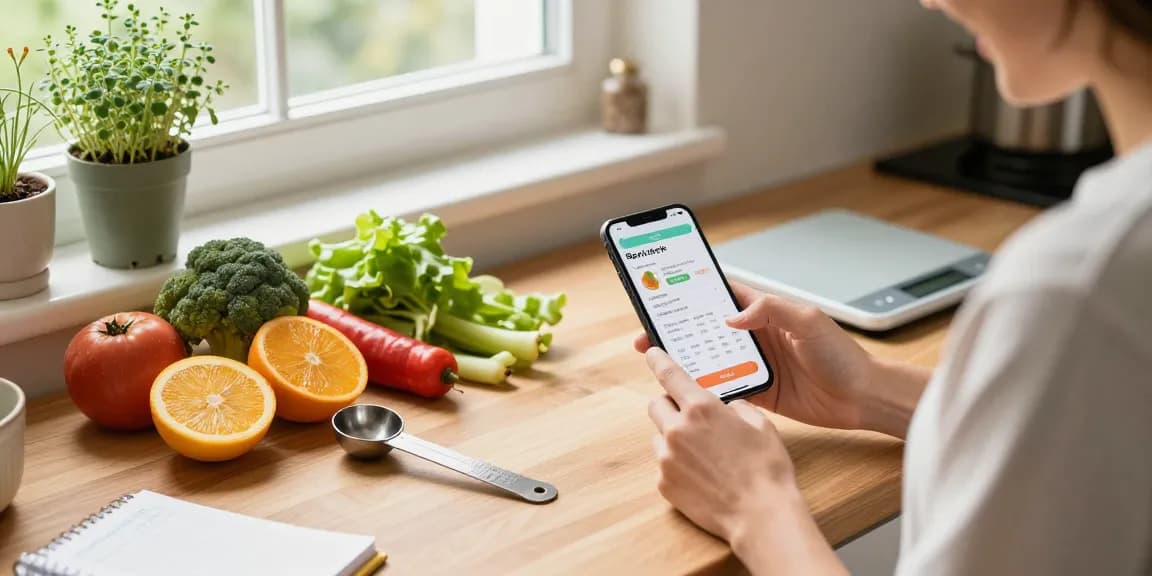 Healthy cooking with the best food tracker on display in a sunny kitchen