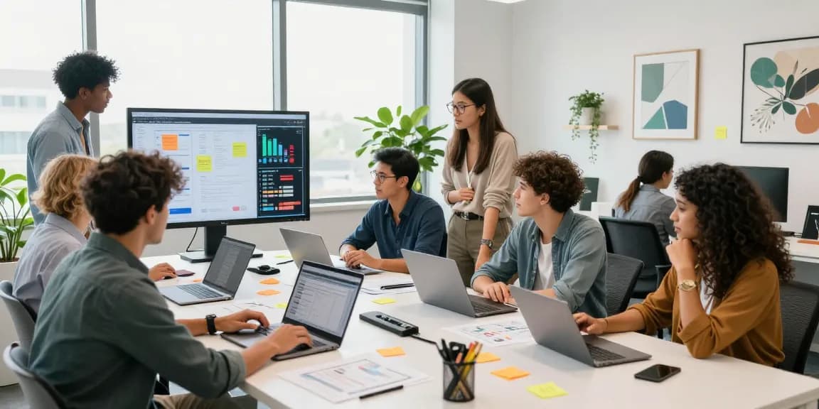 Dynamic collaborative workspace of a Digital Marketing Agency showing a diverse team strategizing with laptops and analytics.