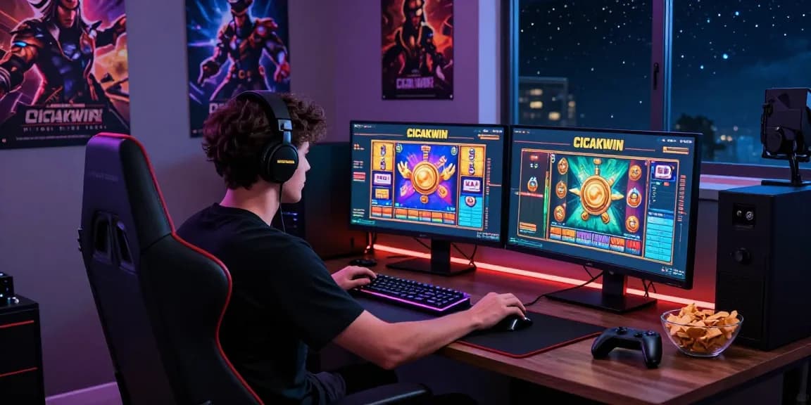 CICAKWIN online gaming player engaging with vibrant slot games at a modern gaming setup.