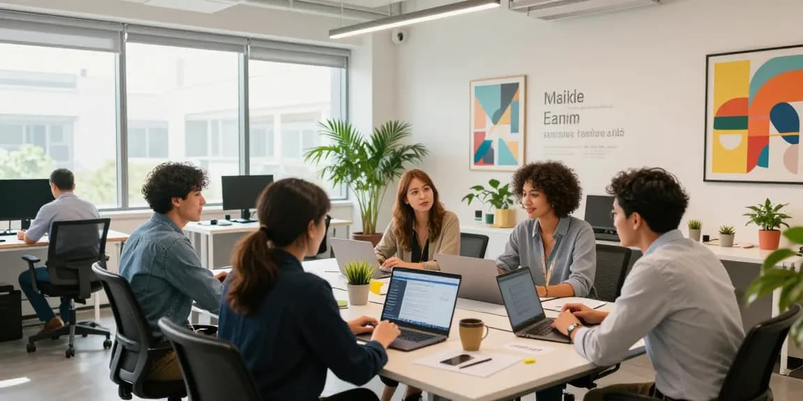 Office renovation scene showcasing a diverse team collaborating in a vibrant workspace, enhancing employee engagement with รีโนเวท ออฟฟิศ.