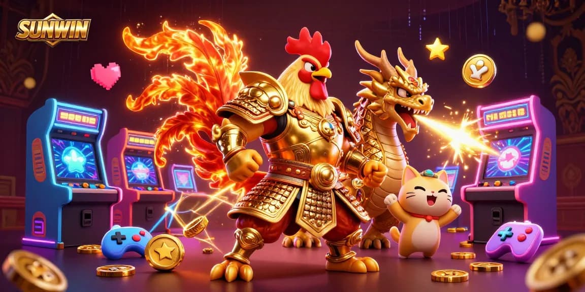 SUNWIN players engaging in a thrilling casino adventure with a dynamic rooster warrior and dragon hatchling
