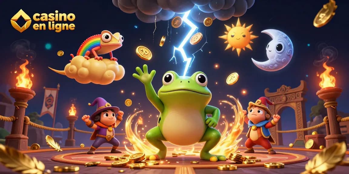 Découvrez le casino en ligne avec un wizard créant une tempête de pièces d'or et un caméléon malicieux sur un nuage d'or.