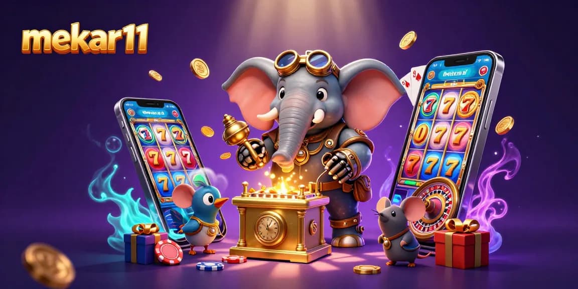 Mekar11 showcases thrilling slot machine action with a steampunk elephant engineer, vibrant slot elements, and promotional excitement.