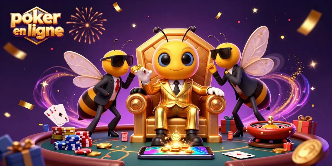 Participez au poker en ligne avec une scène animée de personnages de casino entourés de cartes et de jetons.