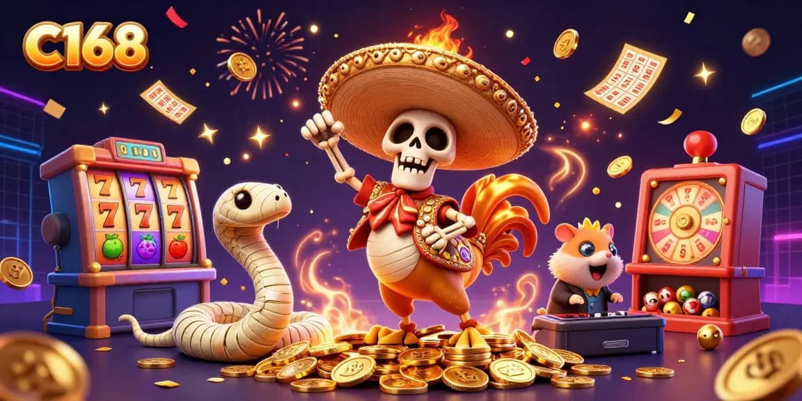 C168's animated victory dance with exciting casino elements, featuring slots and golden coins.