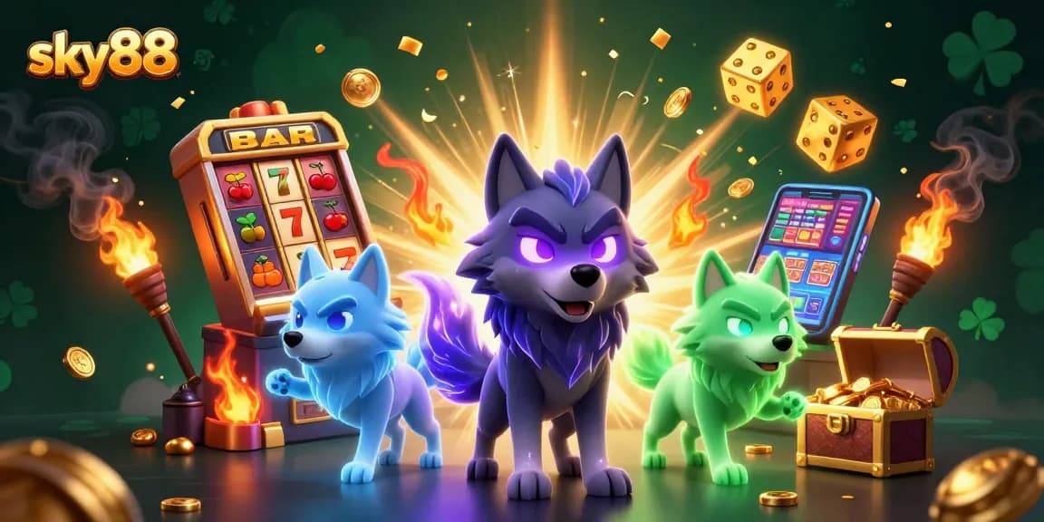 Experience thrilling wins at sky88 with a vibrant casino game scene featuring wolves and dynamic slot machines.