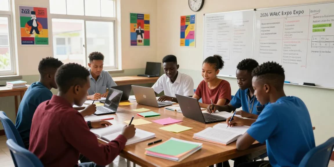 Students studying together for the 2026 WAEC expo in a bright classroom setting.