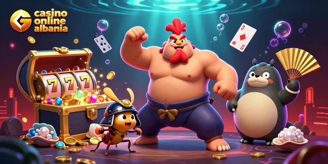 Engage with casino online albania excitement featuring animated characters amidst vibrant gambling elements.