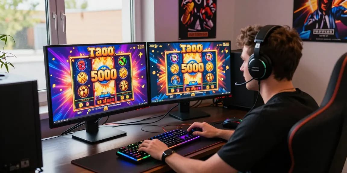 Player celebrating a win in a slot depo 5000 online game, showcasing vibrant graphics and modern gaming setup.