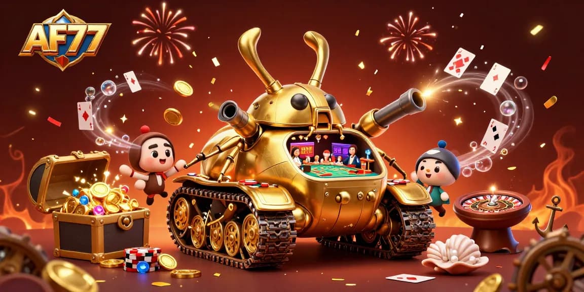 Experience AF77's golden beetle tank revealing a miniature casino inside with stunning 3D visuals.