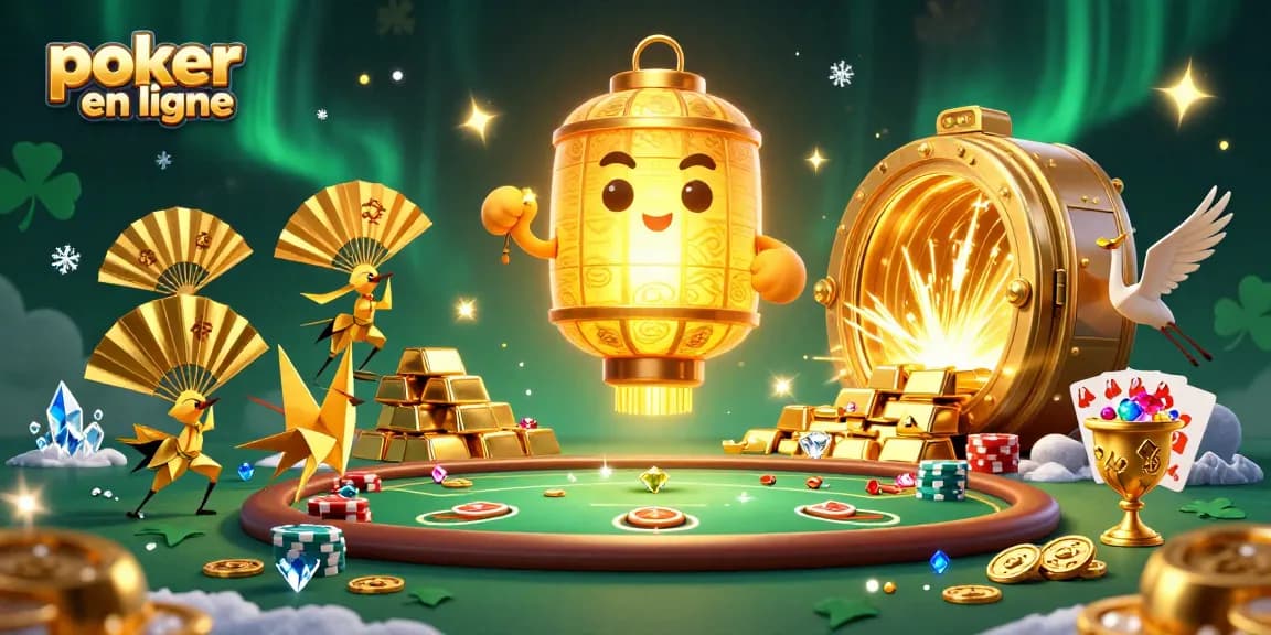 Jouez au poker en ligne avec des personnages colorés et des éléments en or éclatants dans une scène dynamique.