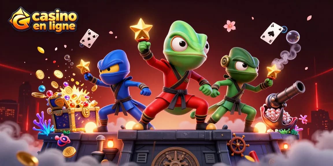 Participez au casino en ligne avec des chameaux ninjas en pleine action, gagnant des jetons en or.