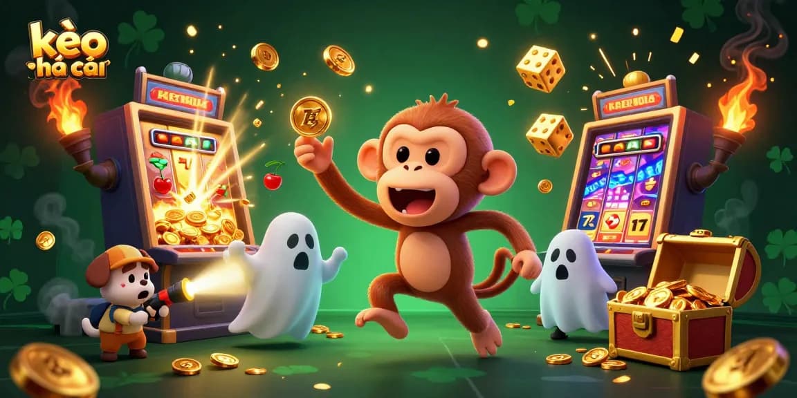 Kèo nhà cái offers a vibrant scene of thrilling casino action with golden juggled prizes and a ghost-hunter puppy.
