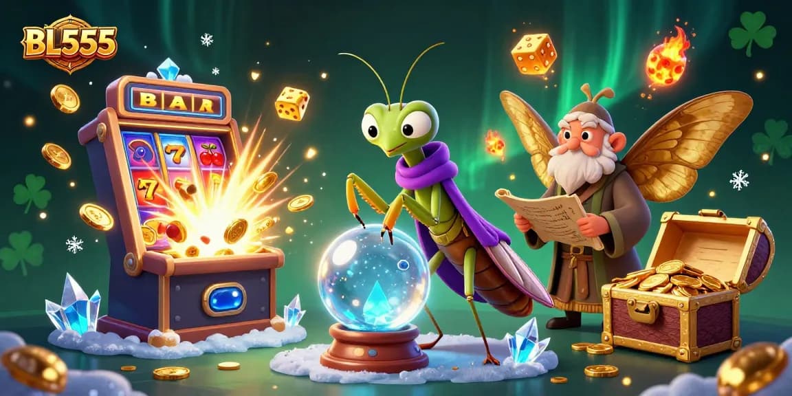Engage with BL555's diverse gaming experience featuring a lively casino scene of characters and thrilling elements.