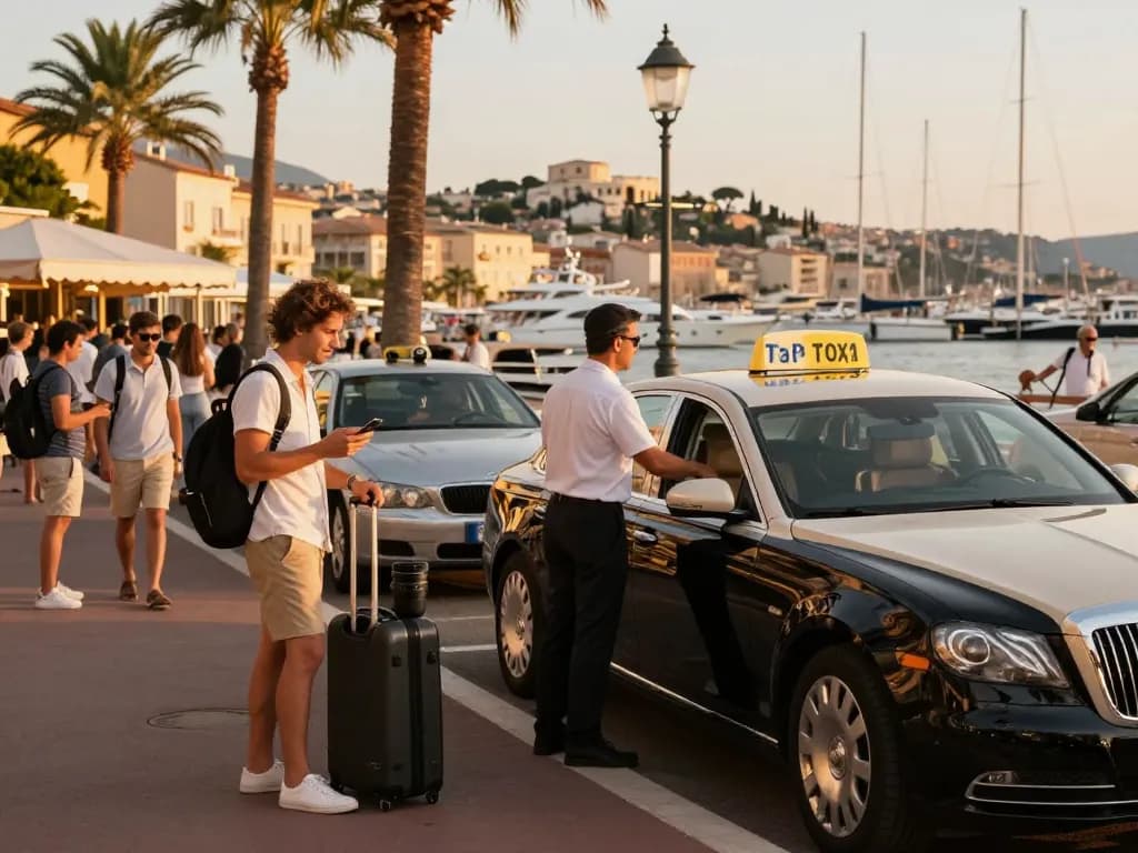 Service de taxi à Saint-Tropez accueillant les touristes dans un port animé, mettant en valeur des véhicules de luxe et une ambiance locale.
