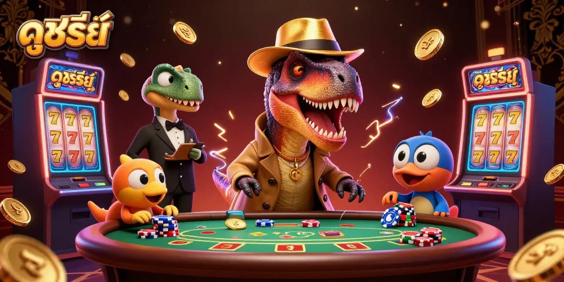 Experience the thrilling action of ดูซีรี่ย์ with cartoon characters at a blackjack table in this vibrant casino scene.