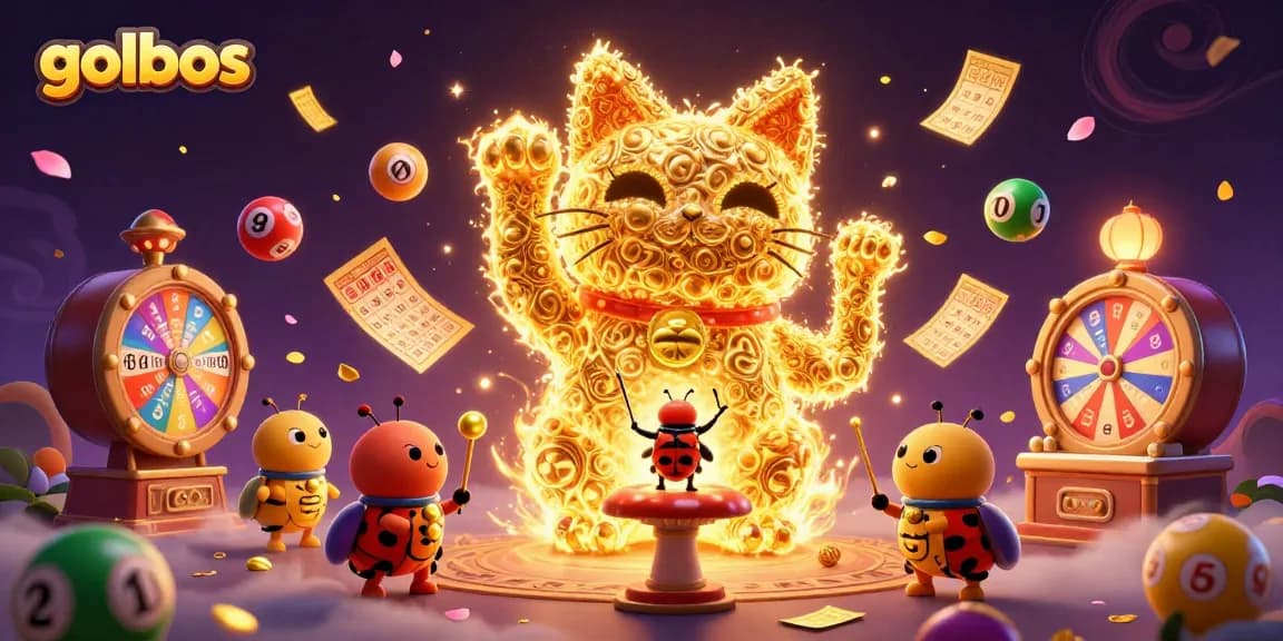 Engage with golbos' exciting elements, featuring a golden lucky cat amidst dynamic casino symbols and vibrant gaming atmosphere.