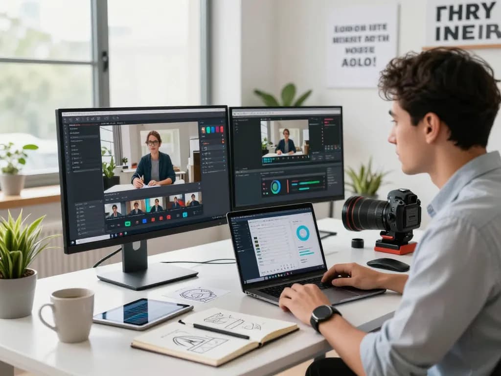 Engaged professional using a video to prompt ai tool in an innovative workspace, showcasing AI-generated video insights.