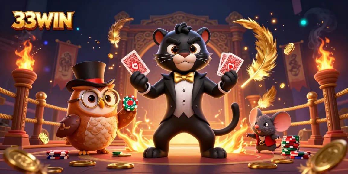 Engage the thrill of 33WIN with a stylish panther, owl, and mouse in a dynamic casino scene.