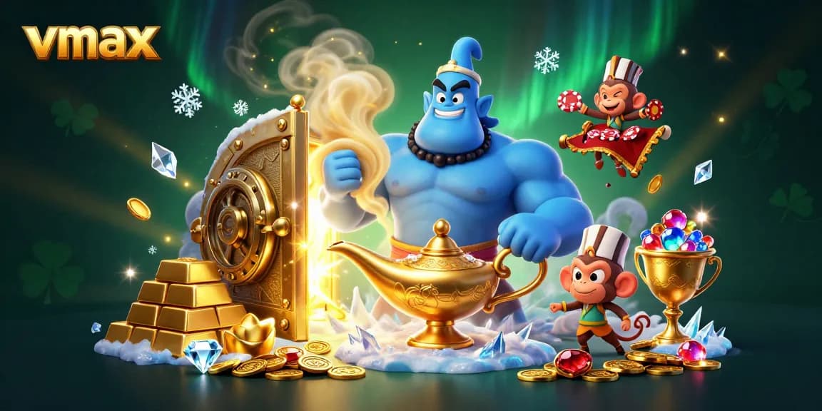 Experience high stakes fun with vmax, featuring a genie and treasure among rich casino elements.