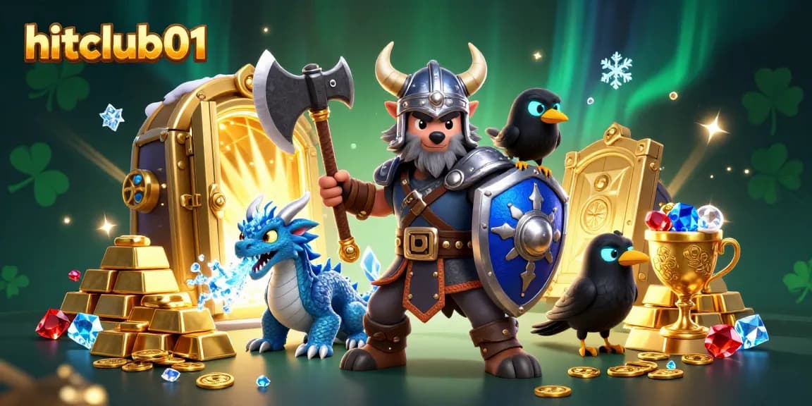 Engage with hitclub01 in a vibrant 3D casino scene filled with treasures and lively characters