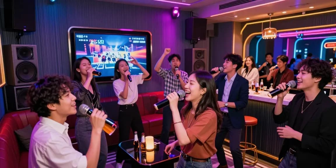 강남가라오케에서 즐겁게 노래하며 술을 마시는 사람들의 모습