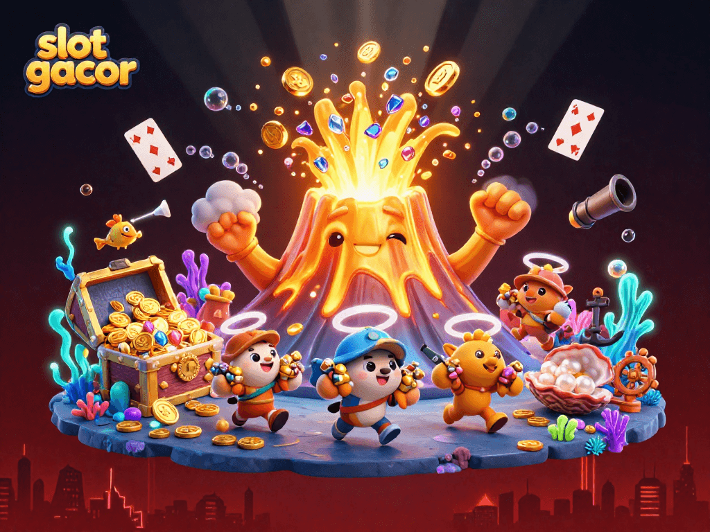 Slot gacor menampilkan petualangan hewan eksplorasi mencari harta karun dari gunung berapi emas dalam ilustrasi ceria.