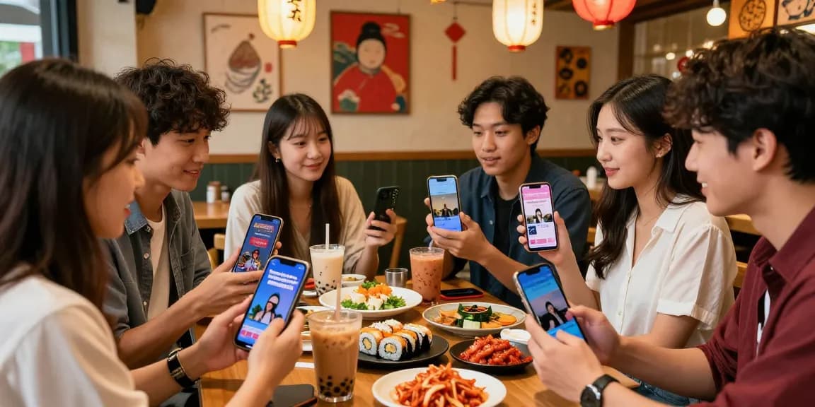 Friends discussing Asian pop culture trends at a cozy café, inspired by content from https://hanadultalk.com, showcasing vibrant interaction and cultural cuisine.