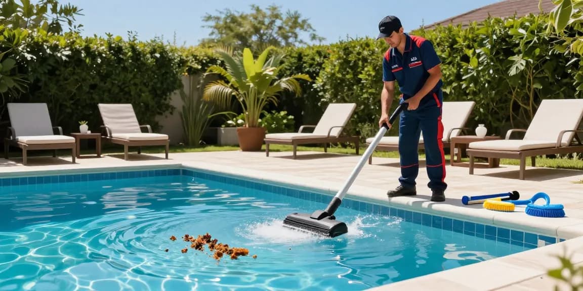 Effective cleaning pool techniques showcased during čišćenje bazena service, emphasizing cleanliness and professionalism in a sunny setting.