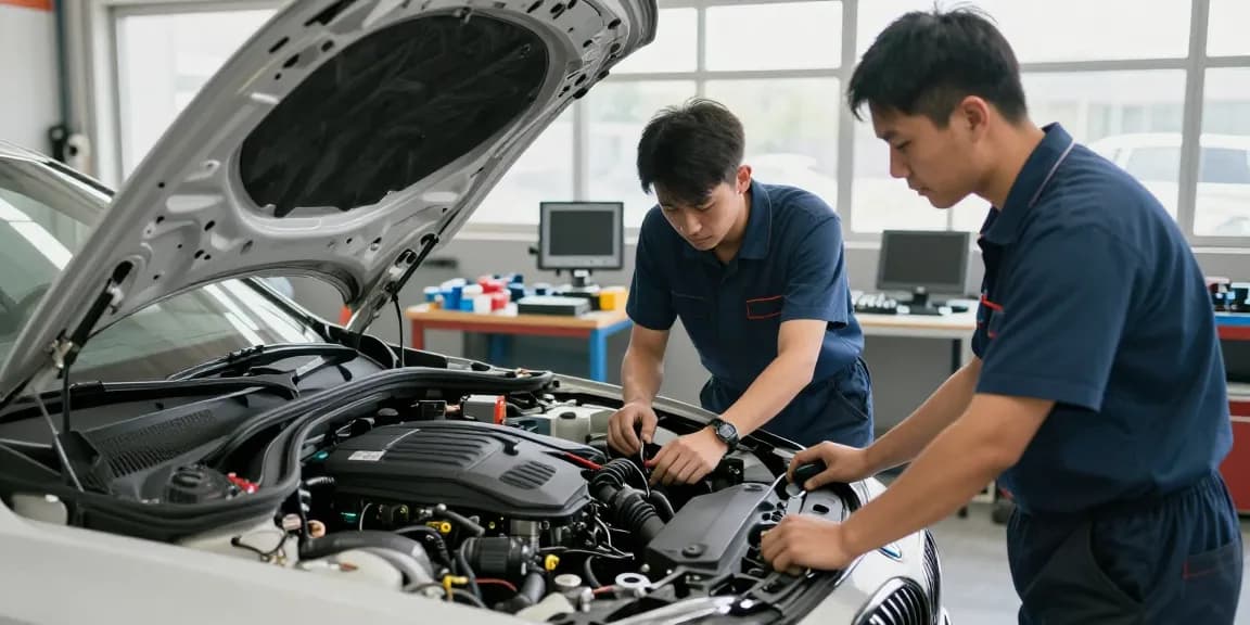Professionelle BMW Werkstatt Hannover mit Technikern bei der Motorinspektion und Diagnosegeräten.