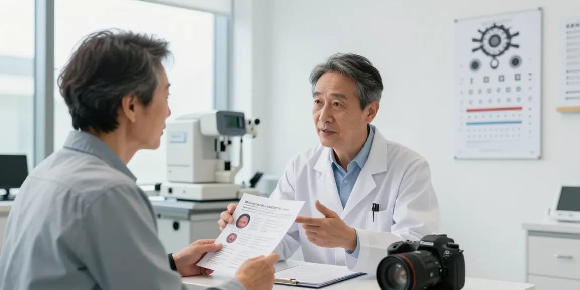 Consultation for glaucoma treatment in a modern ophthalmology clinic, showcasing doctor and patient discussing symptoms.