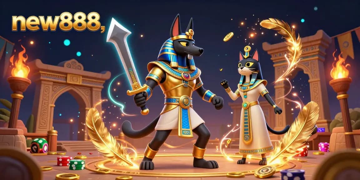 Engage with new888 in a vibrant gambling scene, featuring Anubis and Bastet among gold coins and betting tokens.