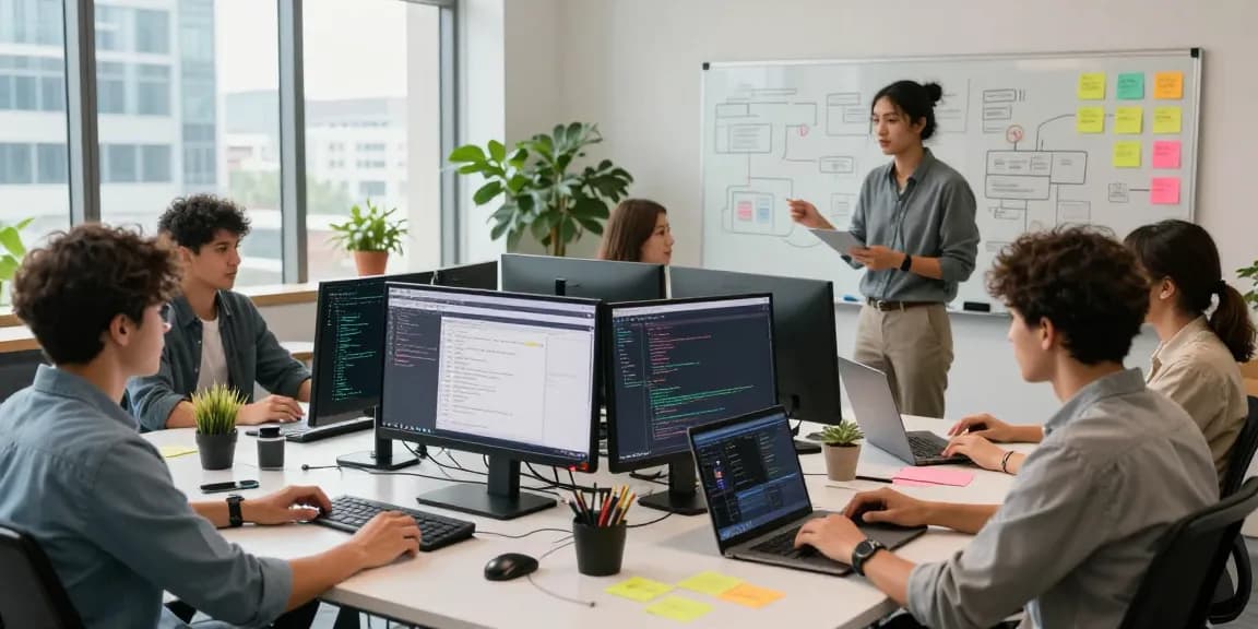 Software engineers collaborating in a vibrant workspace on NAGA2000 projects, showcasing modern coding tools and teamwork.