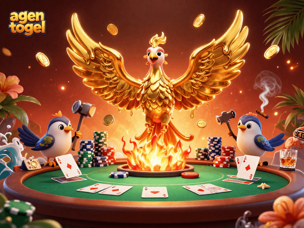 Menggali informasi agen togel melalui ilustrasi yang memukau menampilkan phoenix emas dan elemen permainan.