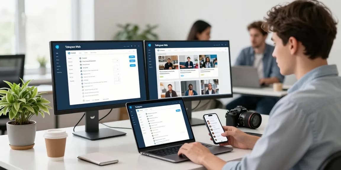Using Telegram Web on a laptop in a modern workspace, showcasing productivity and communication.
