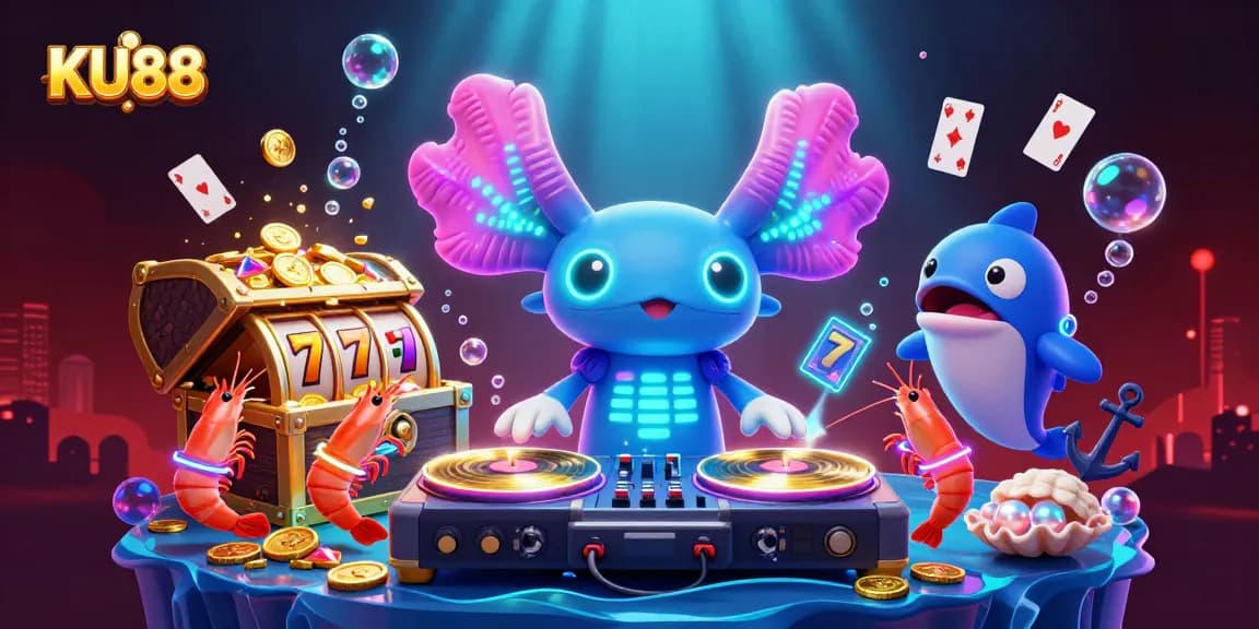 Spin to win on KU88 with an energetic 3D underwater casino scene filled with colorful characters and elements.