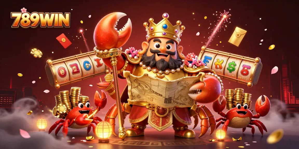 Win big with 789WIN in an ultra-detailed 3D casino illustration featuring a golden crab emperor.