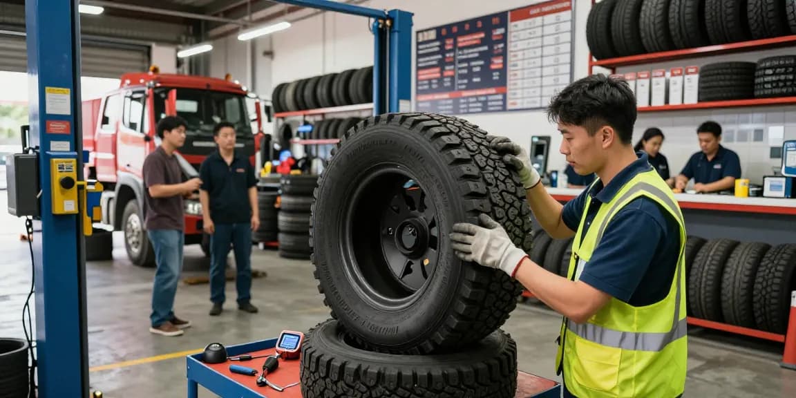 Technician checking a Double Coin RR99 tire in a busy automotive shop.
