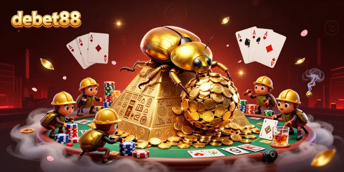 Experience debet88 action with golden coins and poker elements in a vibrant casino setting.