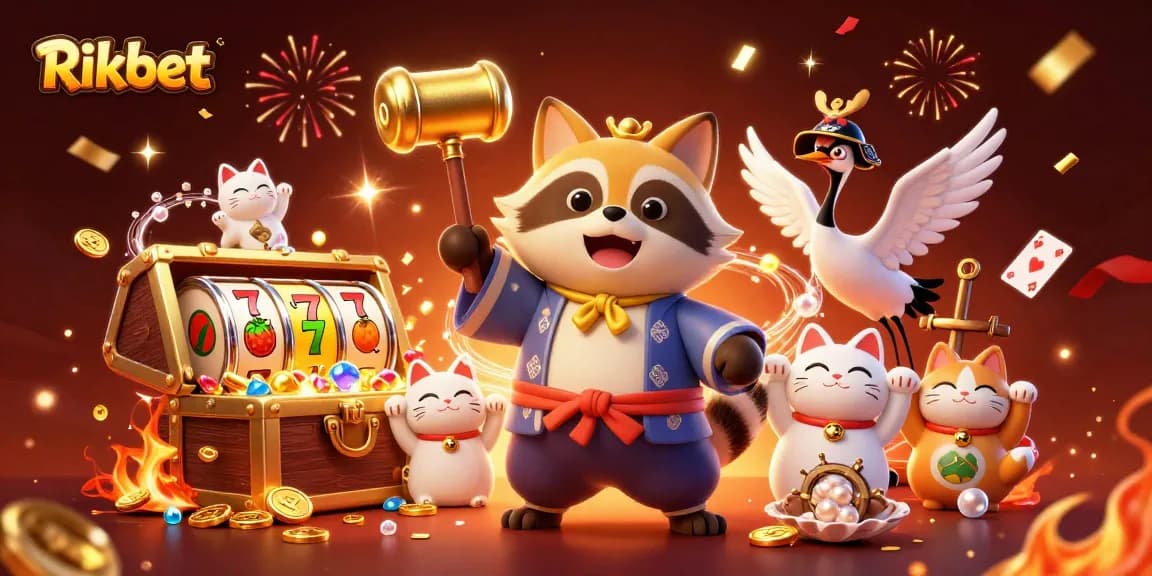 Experience thrilling gameplay at Rikbet with vibrant characters, slot machines, and festive elements.