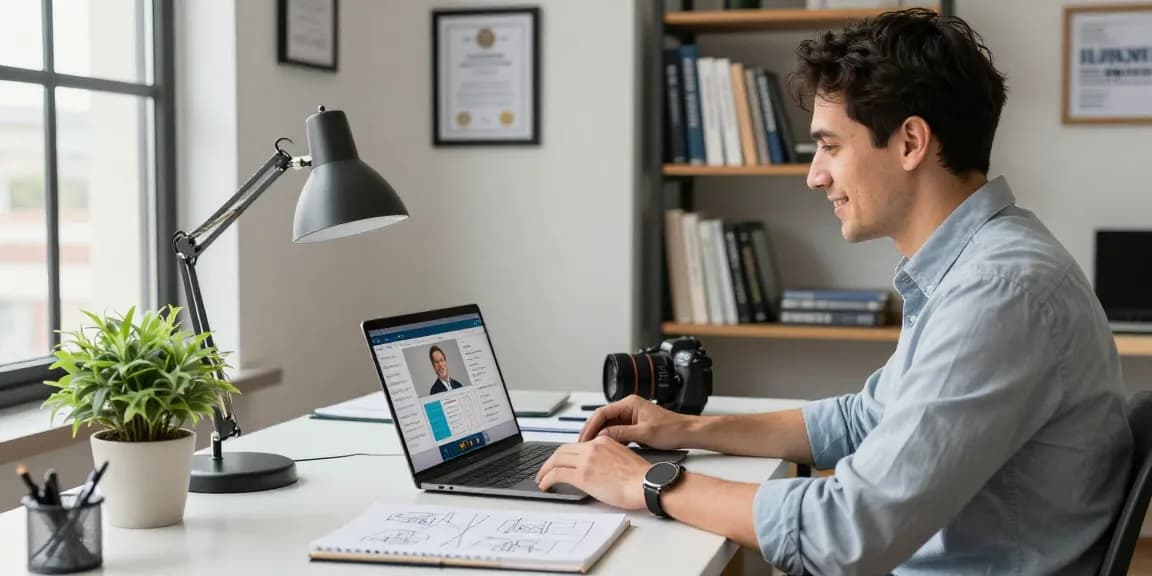 Self-employed consultant engaging in a video call in a well-designed workspace, showcasing professionalism and productivity.