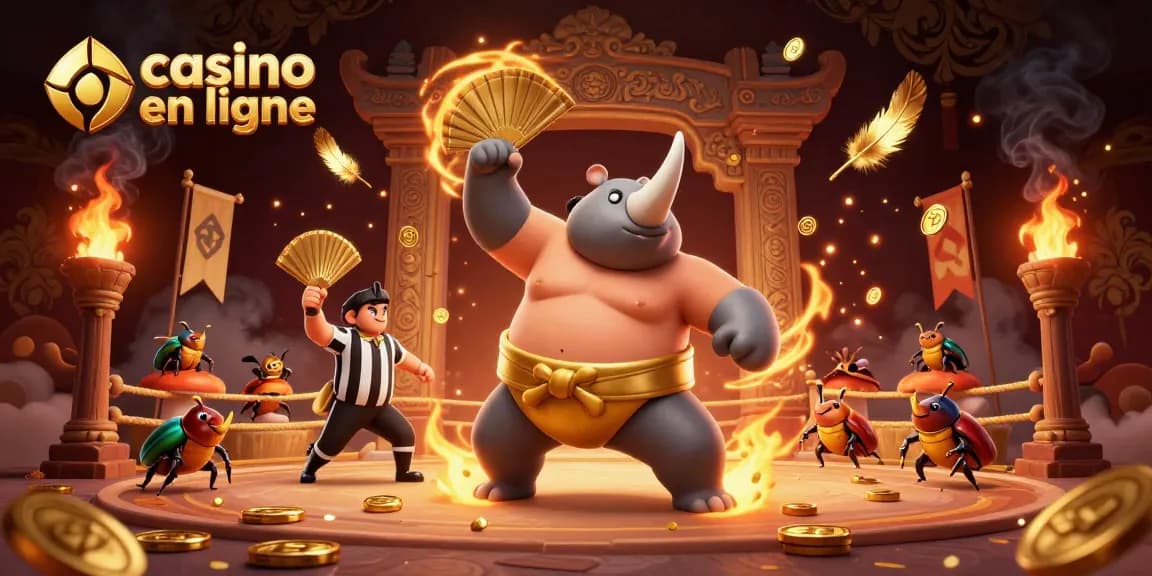Jouez sur casino en ligne avec un combat de sumo entre scarabées majestueux au milieu de pièces d'or.