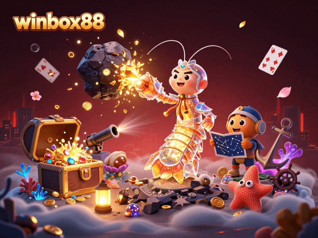 Winbox88 features a dynamic casino-themed scene with animated characters and game elements.