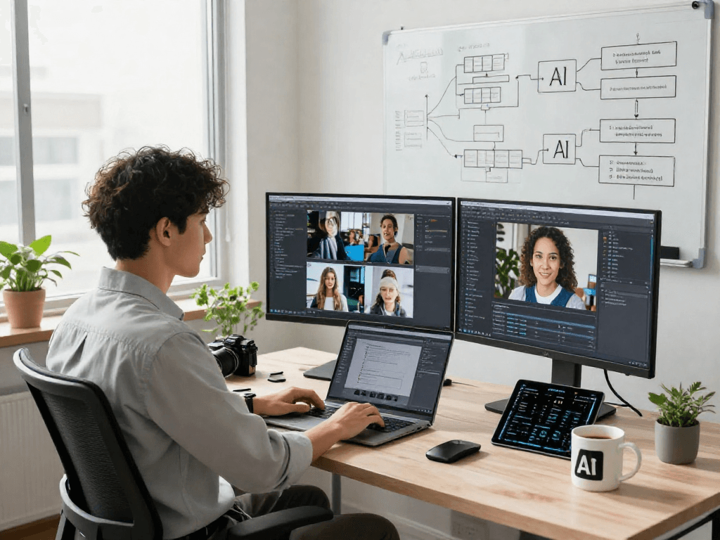 Detect AI image in a tech workspace, showcasing a content moderation developer analyzing images with AI algorithms on dual monitors.
